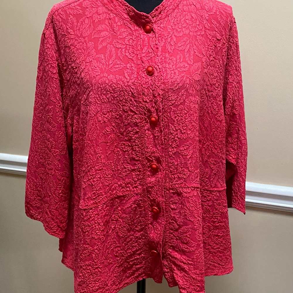 Red, light-weight silk, button-down top - image 5